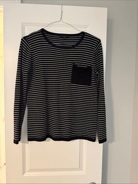 Staccato Black and White Striped Crewneck Sweater with Pocket